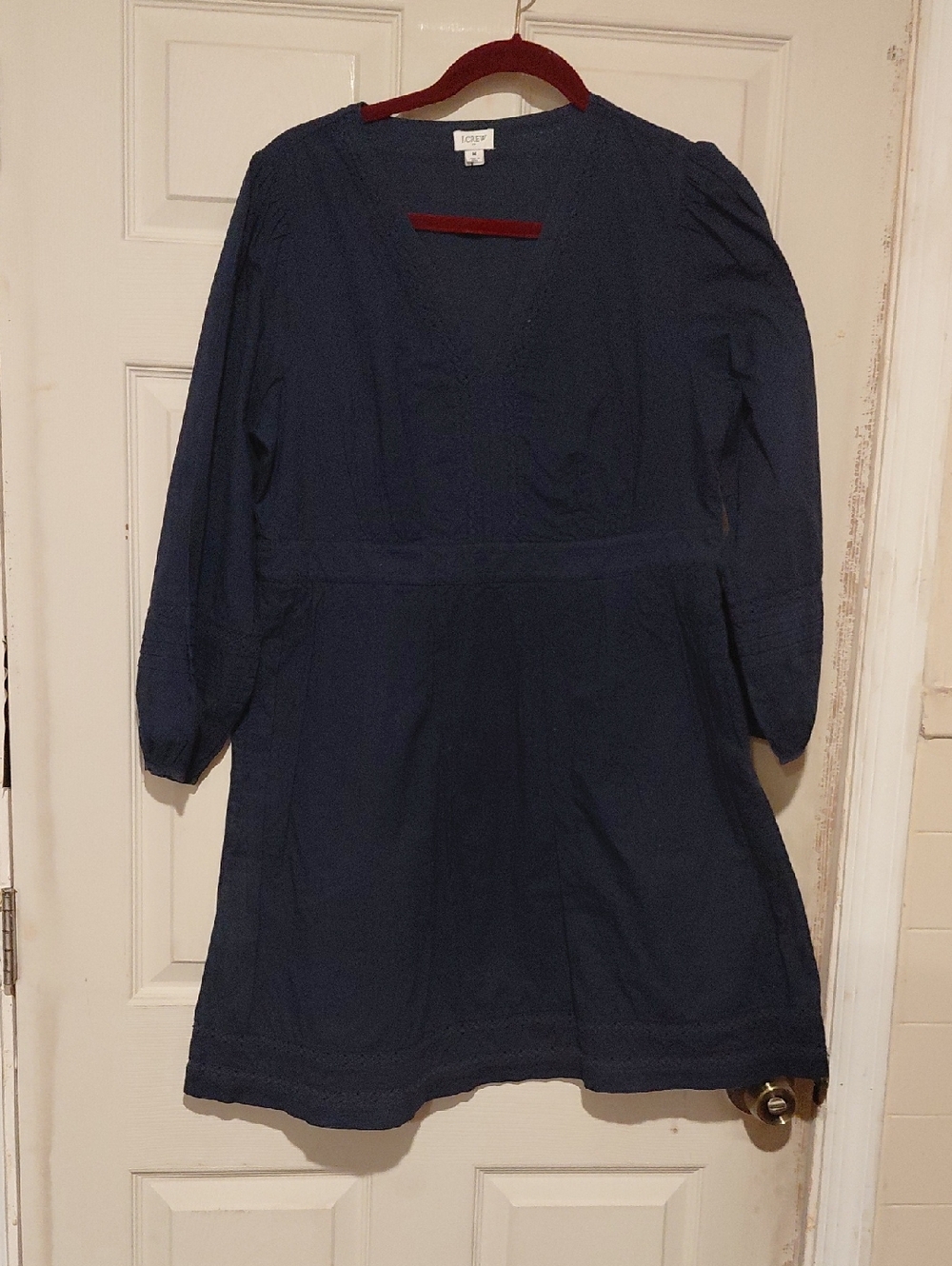 J. Crew Womens Navy Blue V-Neck Long Sleeve Dress 100% Cotton Size M Lace Insert